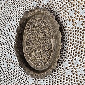 Brass dish etched with flowers and vines vintage trinket dish